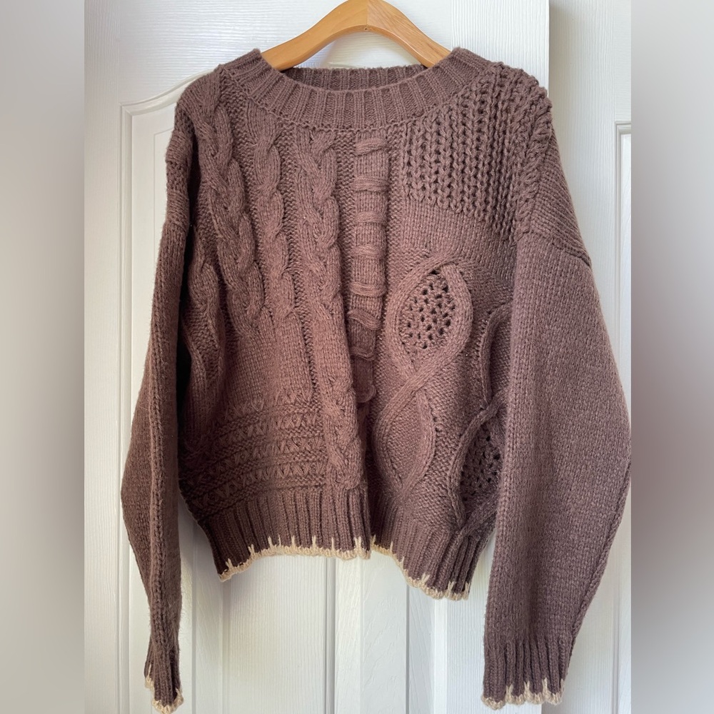 Textured Cable Knit Crew Sweater in Brown
